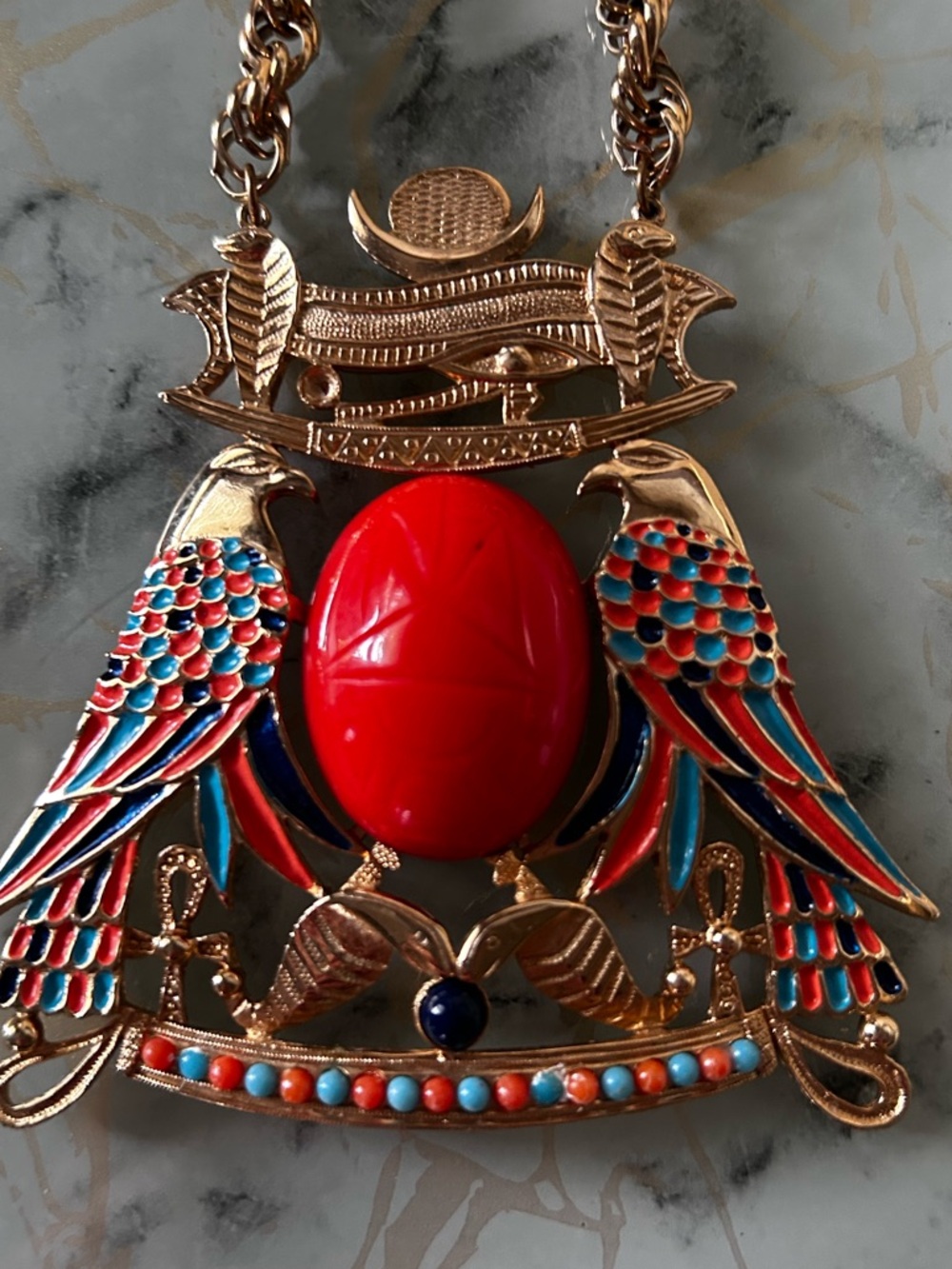 Scarab Egyptian Revival Necklace Ornate Gold Tone Large Chunky Pendant Regal